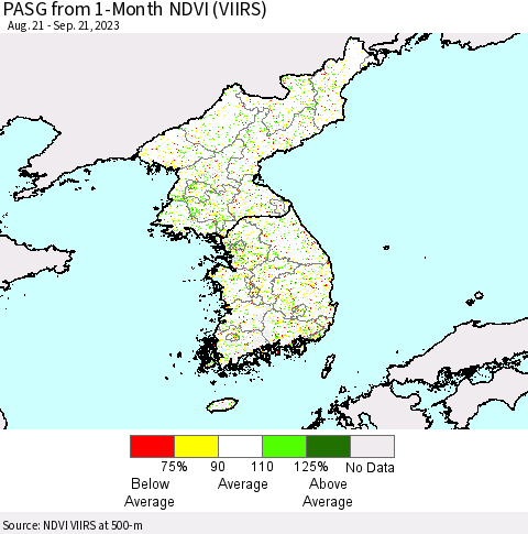 Korea PASG from 1-Month NDVI (VIIRS) Thematic Map For 9/14/2023 - 9/21/2023