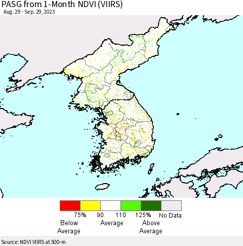 Korea PASG from 1-Month NDVI (VIIRS) Thematic Map For 9/22/2023 - 9/29/2023