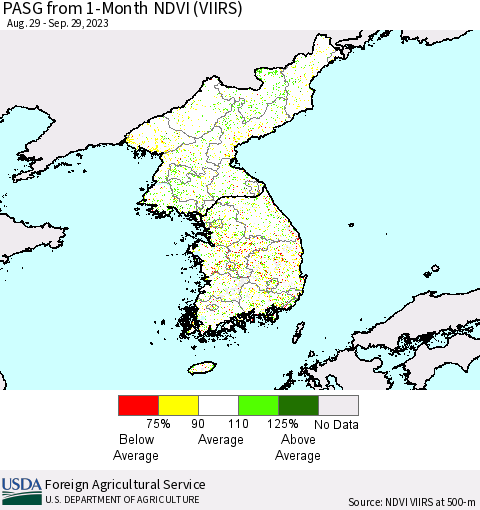 Korea PASG from 1-Month NDVI (VIIRS) Thematic Map For 9/21/2023 - 9/30/2023