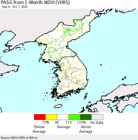Korea PASG from 1-Month NDVI (VIIRS) Thematic Map For 9/30/2023 - 10/7/2023