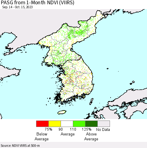 Korea PASG from 1-Month NDVI (VIIRS) Thematic Map For 10/8/2023 - 10/15/2023