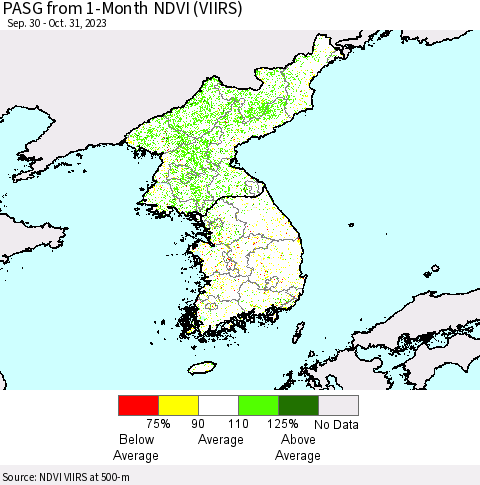 Korea PASG from 1-Month NDVI (VIIRS) Thematic Map For 10/21/2023 - 10/31/2023