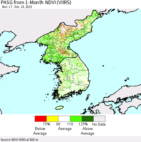 Korea PASG from 1-Month NDVI (VIIRS) Thematic Map For 12/11/2023 - 12/18/2023