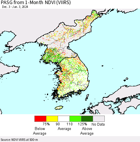 Korea PASG from 1-Month NDVI (VIIRS) Thematic Map For 12/27/2023 - 1/3/2024