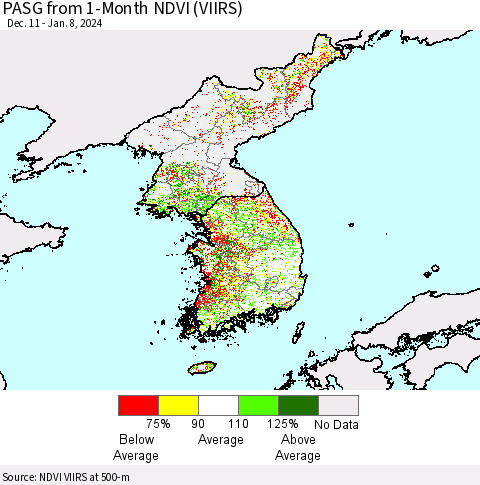 Korea PASG from 1-Month NDVI (VIIRS) Thematic Map For 1/1/2024 - 1/8/2024