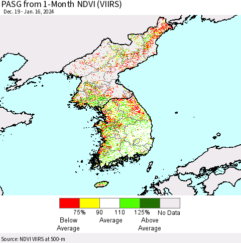 Korea PASG from 1-Month NDVI (VIIRS) Thematic Map For 1/9/2024 - 1/16/2024