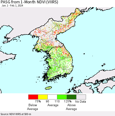 Korea PASG from 1-Month NDVI (VIIRS) Thematic Map For 1/25/2024 - 2/1/2024