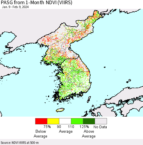 Korea PASG from 1-Month NDVI (VIIRS) Thematic Map For 2/2/2024 - 2/9/2024
