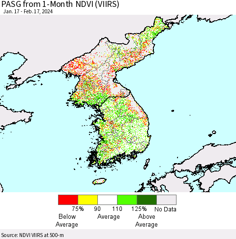 Korea PASG from 1-Month NDVI (VIIRS) Thematic Map For 2/10/2024 - 2/17/2024