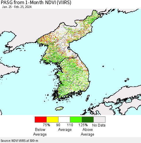 Korea PASG from 1-Month NDVI (VIIRS) Thematic Map For 2/18/2024 - 2/25/2024