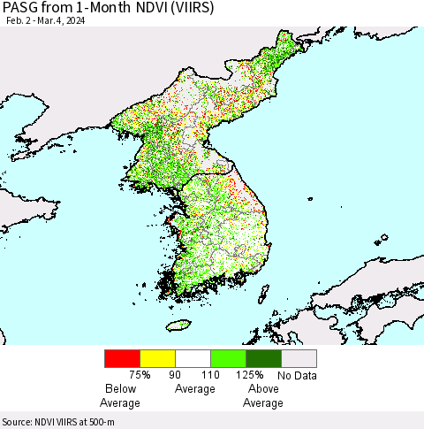Korea PASG from 1-Month NDVI (VIIRS) Thematic Map For 2/26/2024 - 3/4/2024