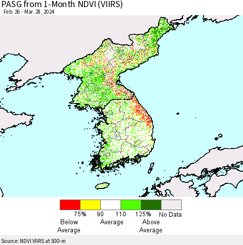 Korea PASG from 1-Month NDVI (VIIRS) Thematic Map For 3/21/2024 - 3/28/2024