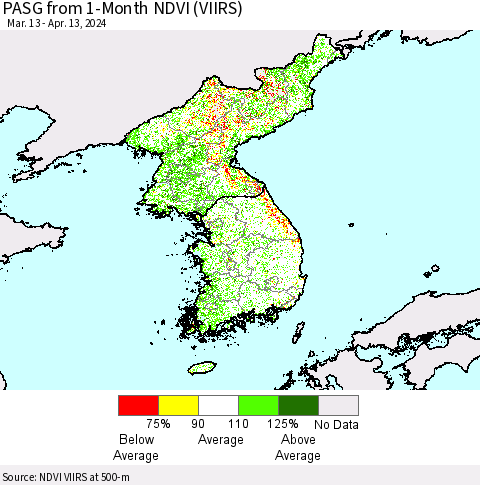 Korea PASG from 1-Month NDVI (VIIRS) Thematic Map For 4/6/2024 - 4/13/2024