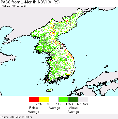 Korea PASG from 1-Month NDVI (VIIRS) Thematic Map For 4/14/2024 - 4/21/2024