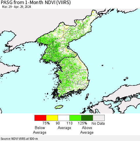 Korea PASG from 1-Month NDVI (VIIRS) Thematic Map For 4/22/2024 - 4/29/2024