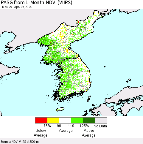 Korea PASG from 1-Month NDVI (VIIRS) Thematic Map For 4/22/2024 - 4/29/2024