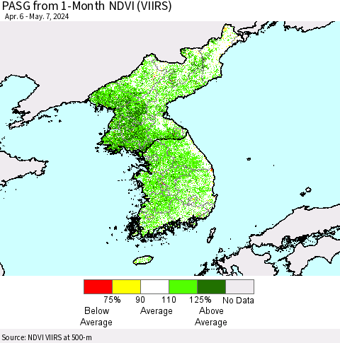 Korea PASG from 1-Month NDVI (VIIRS) Thematic Map For 4/30/2024 - 5/7/2024