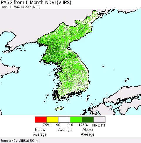 Korea PASG from 1-Month NDVI (VIIRS) Thematic Map For 5/8/2024 - 5/15/2024