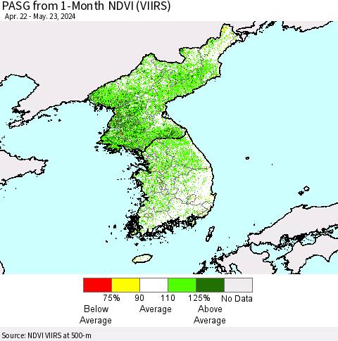 Korea PASG from 1-Month NDVI (VIIRS) Thematic Map For 5/16/2024 - 5/23/2024