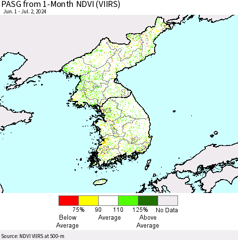 Korea PASG from 1-Month NDVI (VIIRS) Thematic Map For 6/25/2024 - 7/2/2024