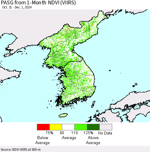 Korea PASG from 1-Month NDVI (VIIRS) Thematic Map For 11/24/2024 - 12/1/2024