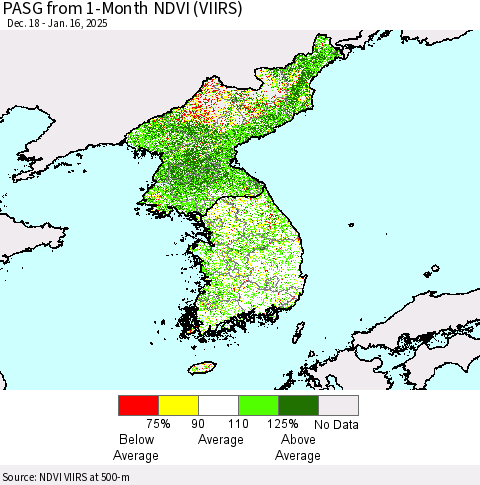 Korea PASG from 1-Month NDVI (VIIRS) Thematic Map For 1/9/2025 - 1/16/2025