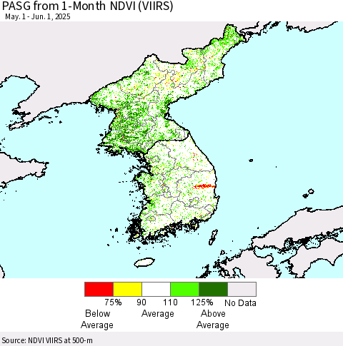 Korea PASG from 1-Month NDVI (VIIRS) Thematic Map For 5/25/2025 - 6/1/2025