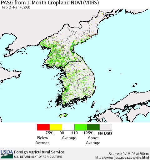 Korea PASG from 1-Month Cropland NDVI (VIIRS) Thematic Map For 3/1/2020 - 3/10/2020
