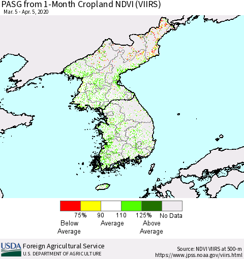Korea PASG from 1-Month Cropland NDVI (VIIRS) Thematic Map For 4/1/2020 - 4/10/2020