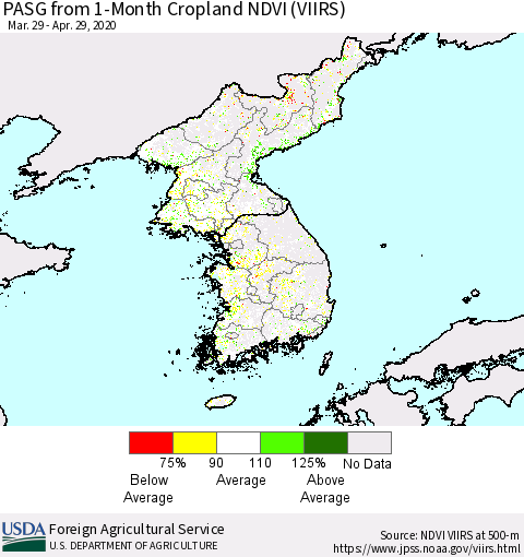 Korea PASG from 1-Month Cropland NDVI (VIIRS) Thematic Map For 4/21/2020 - 4/30/2020