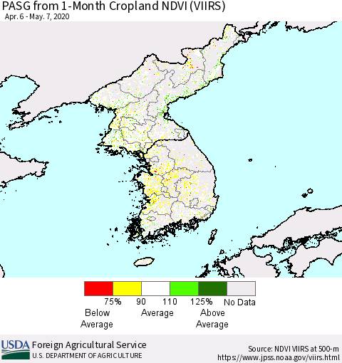 Korea PASG from 1-Month Cropland NDVI (VIIRS) Thematic Map For 5/1/2020 - 5/10/2020