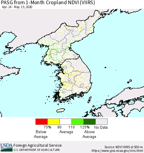 Korea PASG from 1-Month Cropland NDVI (VIIRS) Thematic Map For 5/11/2020 - 5/20/2020