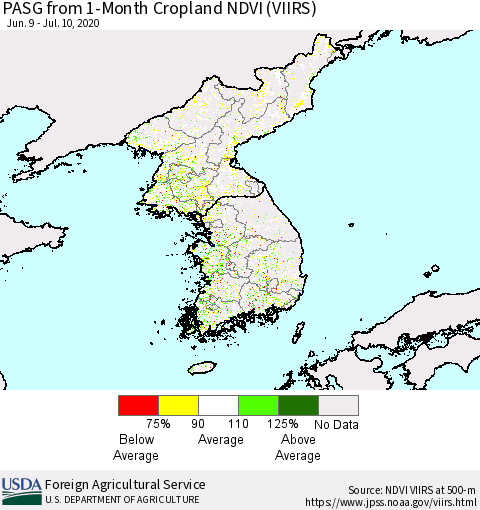 Korea PASG from 1-Month Cropland NDVI (VIIRS) Thematic Map For 7/1/2020 - 7/10/2020