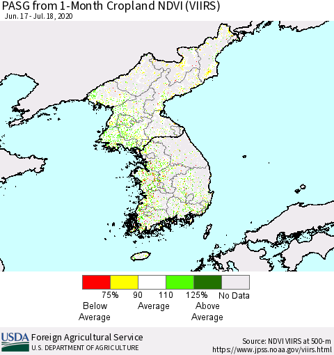 Korea PASG from 1-Month Cropland NDVI (VIIRS) Thematic Map For 7/11/2020 - 7/20/2020