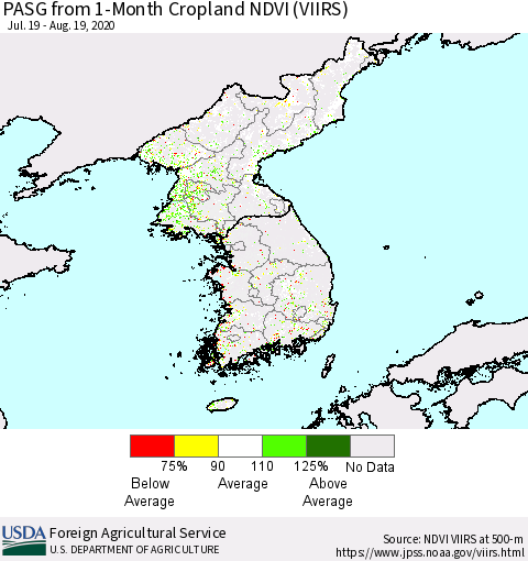 Korea PASG from 1-Month Cropland NDVI (VIIRS) Thematic Map For 8/11/2020 - 8/20/2020