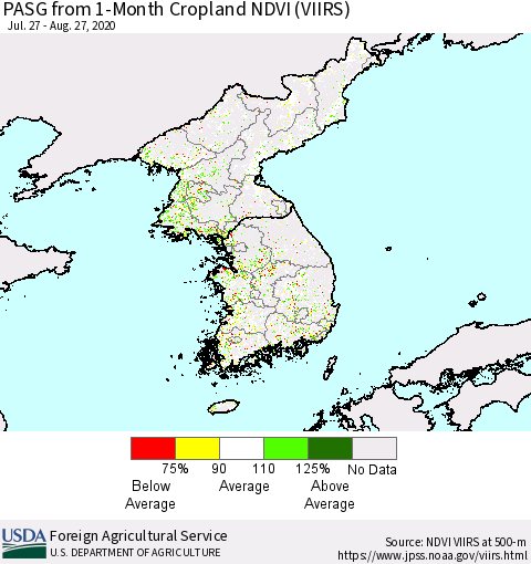 Korea PASG from 1-Month Cropland NDVI (VIIRS) Thematic Map For 8/21/2020 - 8/31/2020
