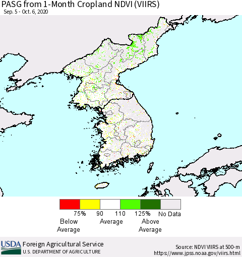 Korea PASG from 1-Month Cropland NDVI (VIIRS) Thematic Map For 10/1/2020 - 10/10/2020