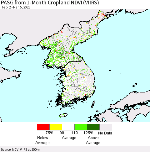 Korea PASG from 1-Month Cropland NDVI (VIIRS) Thematic Map For 2/26/2021 - 3/5/2021