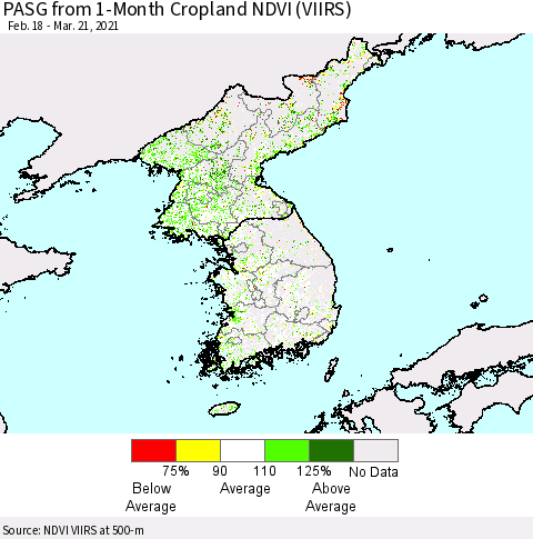 Korea PASG from 1-Month Cropland NDVI (VIIRS) Thematic Map For 3/14/2021 - 3/21/2021