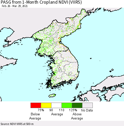 Korea PASG from 1-Month Cropland NDVI (VIIRS) Thematic Map For 3/22/2021 - 3/29/2021