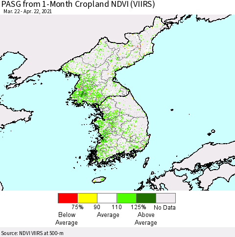 Korea PASG from 1-Month Cropland NDVI (VIIRS) Thematic Map For 4/15/2021 - 4/22/2021