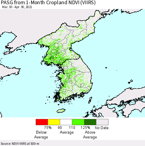 Korea PASG from 1-Month Cropland NDVI (VIIRS) Thematic Map For 4/21/2021 - 4/30/2021