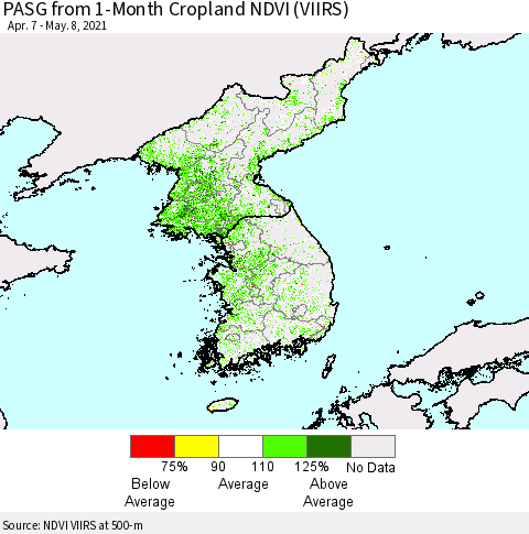 Korea PASG from 1-Month Cropland NDVI (VIIRS) Thematic Map For 5/1/2021 - 5/8/2021