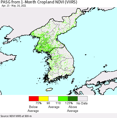 Korea PASG from 1-Month Cropland NDVI (VIIRS) Thematic Map For 5/9/2021 - 5/16/2021