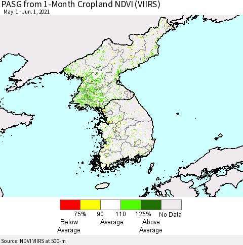 Korea PASG from 1-Month Cropland NDVI (VIIRS) Thematic Map For 5/25/2021 - 6/1/2021