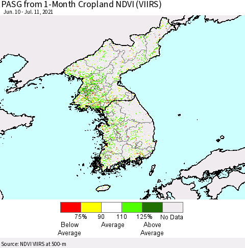 Korea PASG from 1-Month Cropland NDVI (VIIRS) Thematic Map For 7/4/2021 - 7/11/2021