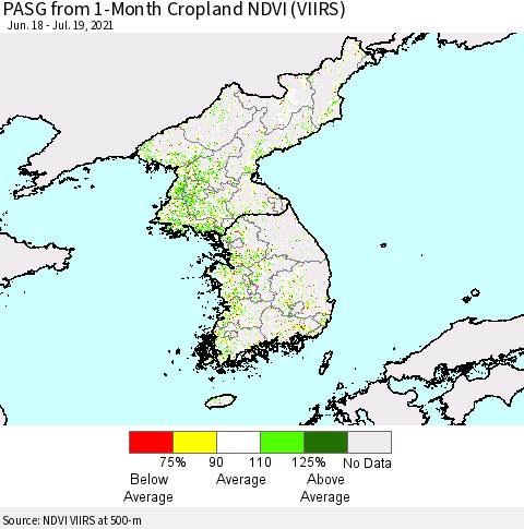 Korea PASG from 1-Month Cropland NDVI (VIIRS) Thematic Map For 7/12/2021 - 7/19/2021