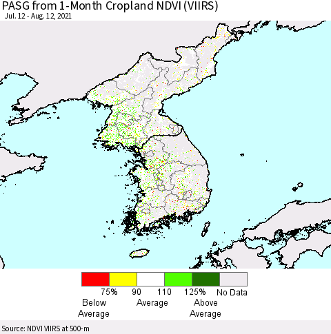 Korea PASG from 1-Month Cropland NDVI (VIIRS) Thematic Map For 8/5/2021 - 8/12/2021