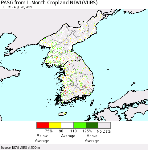 Korea PASG from 1-Month Cropland NDVI (VIIRS) Thematic Map For 8/11/2021 - 8/20/2021