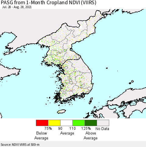 Korea PASG from 1-Month Cropland NDVI (VIIRS) Thematic Map For 8/21/2021 - 8/28/2021
